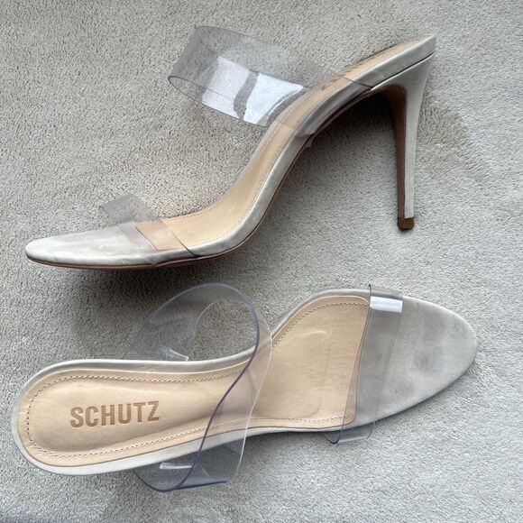 Schutz Ariella Clear Straps Heeled Sandals Beige Leather Inner Sole Women 9.5 B - Picture 15 of 15